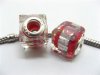 50 Red Silver Flower Cube Glass European Beads