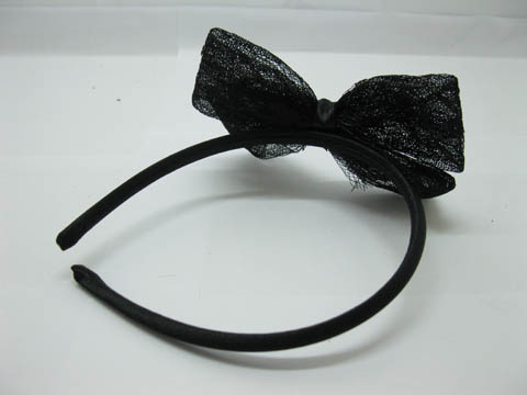 24X New Black Hair Band with Attached Large Bowknot - Click Image to Close