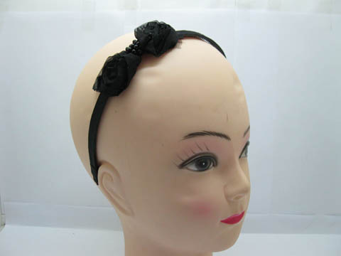 24X New Black Hair Band with Attached Bowknot - Click Image to Close