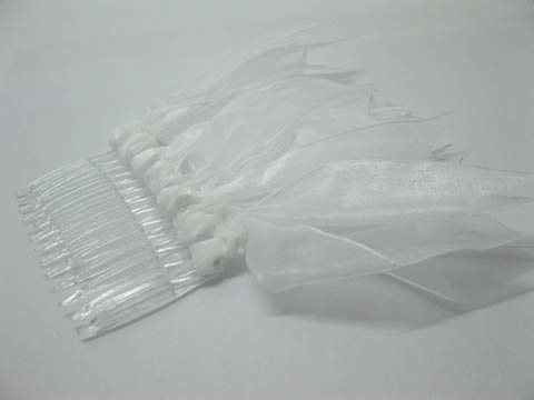 25 White Bridal Hair Comb Headpiece with Attached Organza Ribbon - Click Image to Close