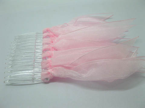 25 Pink Bridal Hair Comb Headpiece with Attached Organza Ribbon - Click Image to Close