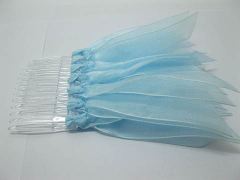 25 Blue Bridal Hair Comb Headpiece with Attached Organza Ribbon - Click Image to Close
