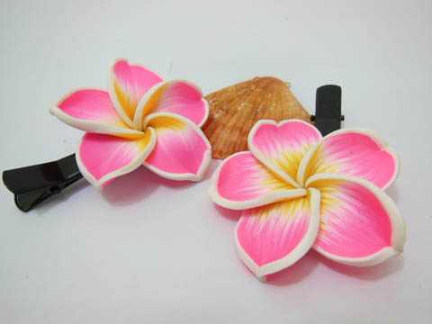 25Pcs Pink Fimo Frangipani Flower Hair Clip - Click Image to Close