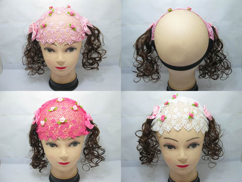 12Pcs Lovely Girls Lace Mini Rose Flower Headband with Wigs - Click Image to Close