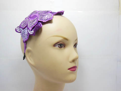 12 Slim Hair Band with Attached Sequin Flower - Purple - Click Image to Close