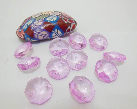 100 HQ Pink Faceted Double-Hole Suncatcher Beads 14mm - Click Image to Close