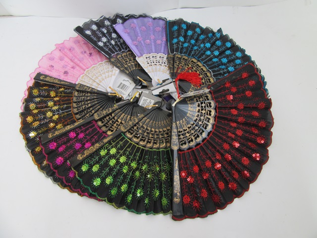 12Pcs Folding Frame Cloth Hand Fans with Embroidere Sequins 12Pcs Folding Frame Cloth Hand Fans with Embroidere Sequins
