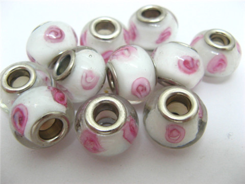 100 White Murano Flower Round Glass European Beads - Click Image to Close