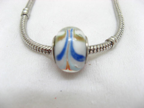 100 White Murano Colourful Stripe Glass European Beads - Click Image to Close