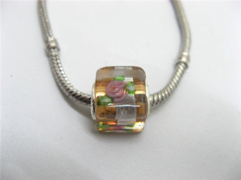 50 Coffee Silver Flower Cube Glass European Beads - Click Image to Close