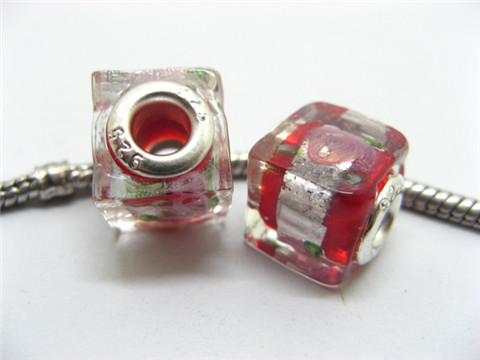 50 Red Silver Flower Cube Glass European Beads - Click Image to Close