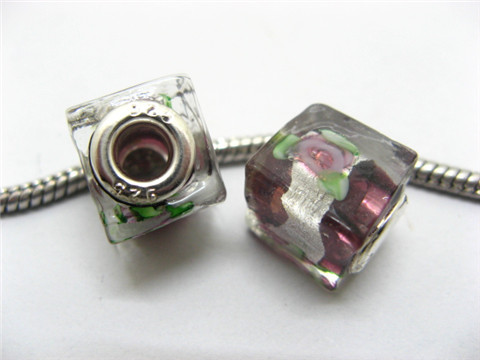 50 Dark Purple Silver Flower Cube Glass Pandora beads 50 Dark Purple Silver Flower Cube Glass Pandora beads