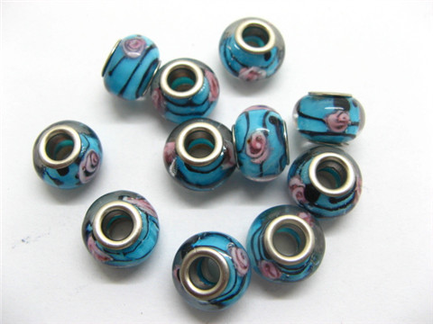 100 Skyblue Murano Flower Round Glass European Beads be-g320 - Click Image to Close