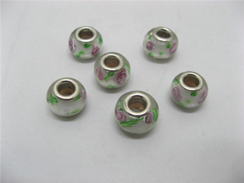 100 White Murano Flower Round Glass European Beads be-g351 - Click Image to Close