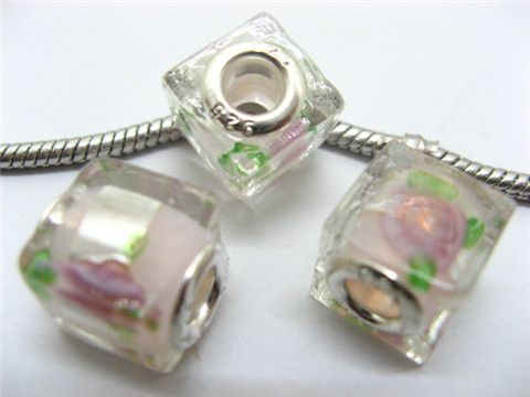 50 Light Pink Silver Flower Cube Glass European Beads - Click Image to Close