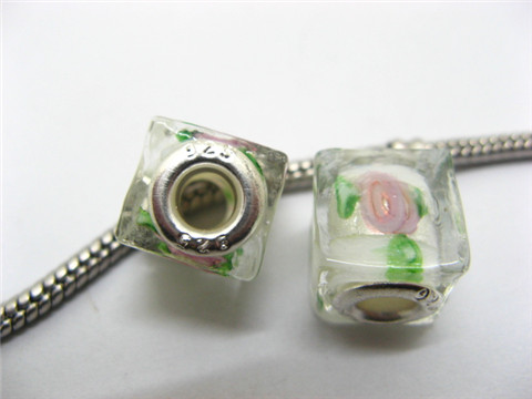 50 White Silver Flower Cube Glass Pandora beads 50 White Silver Flower Cube Glass Pandora beads