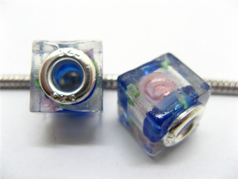 50 Blue Silver Flower Cube Glass European Beads - Click Image to Close