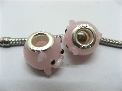 50 Pink Pig Murano Glass European Beads be-g414 - Click Image to Close