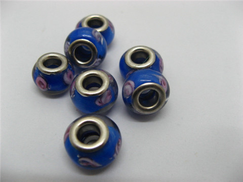 100 Blue Murano Flower Round Glass European Beads be-g438 - Click Image to Close