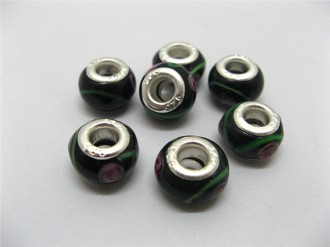 100 Black Murano Flower Round Glass European Beads be-g440 - Click Image to Close