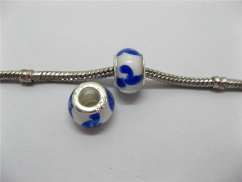 100 Blue & White Round Glass European Beads pa-g17 - Click Image to Close