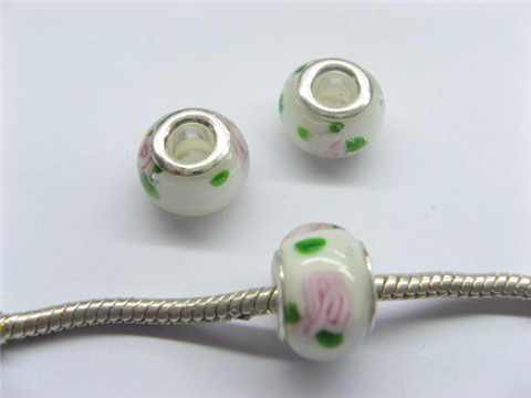 100 White Round Glass European Beads with Rose Printed - Click Image to Close