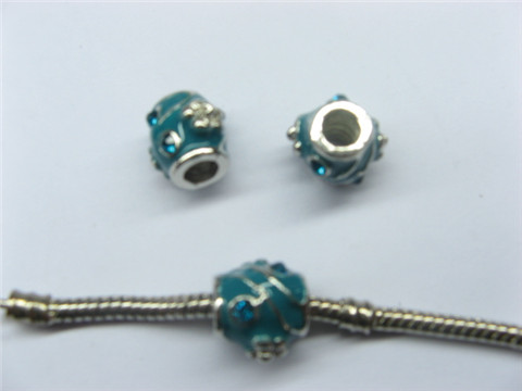 10 Blue Barrel Enamel European Thread Beads with Rhinestone - Click Image to Close