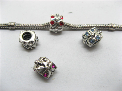 20 Metal Round Thread European Beads With Rhinestone - Click Image to Close