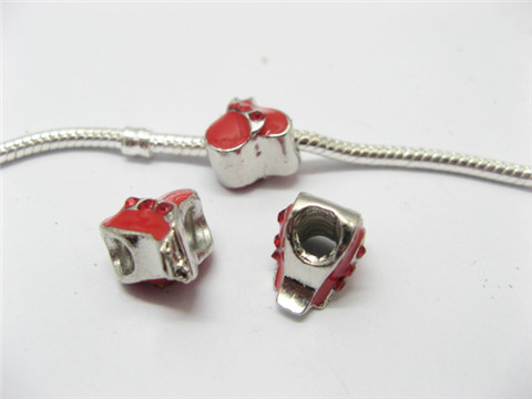 10 Red Enamel Heart Metal Thread European Beads - Click Image to Close