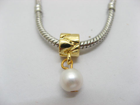 10X 18K Golden Plated Barrel European Beads With Pearl Dangle - Click Image to Close