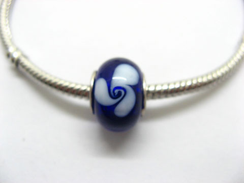 100 Dark Blue Glass Pandora Beads with White Flower - Click Image to Close