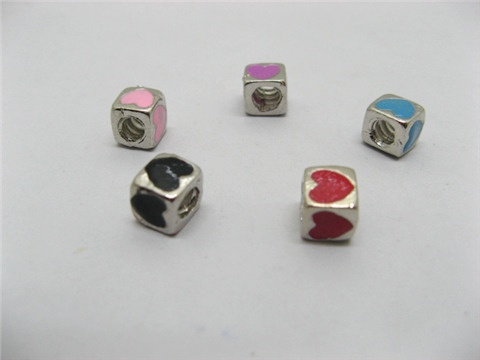 20 Metal Cube Enamel Heart Thread European Beads - Click Image to Close
