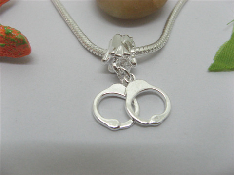 20 Silver European Thread Beads w/ Handcuffs Dangle - Click Image to Close