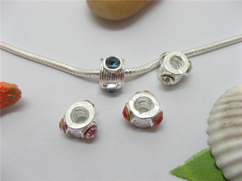 20 Silver Barrel European Thread Beads with Rhinestone - Click Image to Close