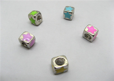 20 Metal Cube Enamel Star Thread European Beads - Click Image to Close