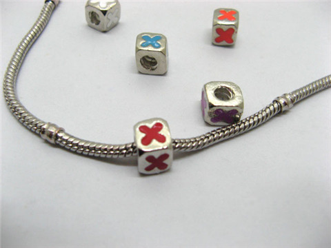20 Metal Cube Enamel Cross Thread European Beads - Click Image to Close