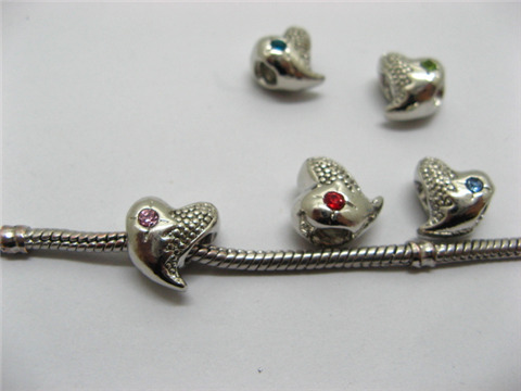 20 Alloy Heart Thread European Beads with Rhinestone pa-m45 - Click Image to Close