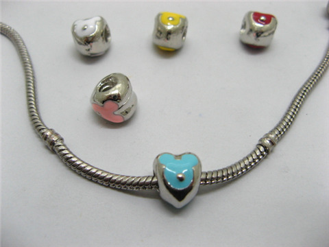 20 Metal Heart Enamel Thread European Beads - Click Image to Close