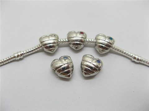 20 Alloy Heart European Thread Beads with Rhinestone pa-m96 - Click Image to Close