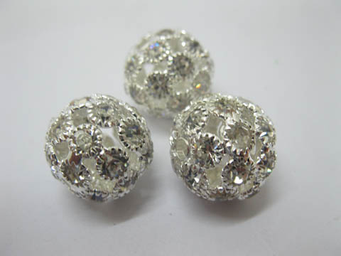 10Pcs Silver Plated Hollow Rhinestone Ball Beads 16mm - Click Image to Close
