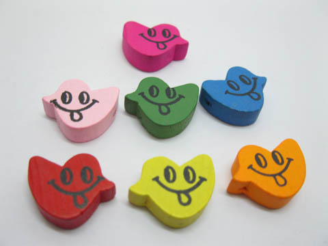 200 Bird Shape w/Smile Face Wooden Bead Mixed Color - Click Image to Close