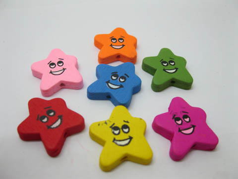 300Pcs Colourful smile face emoji Star Wooden Beads Mixed - Click Image to Close