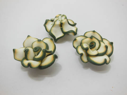 195 Green White Fimo Rose Flower Beads Jewellery Findings 2.5cm - Click Image to Close