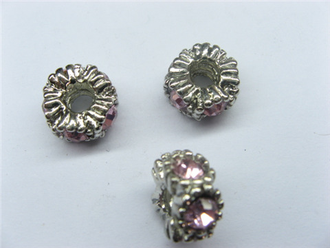 10 Metal European Thread Beads with Pink Rhinestone - Click Image to Close